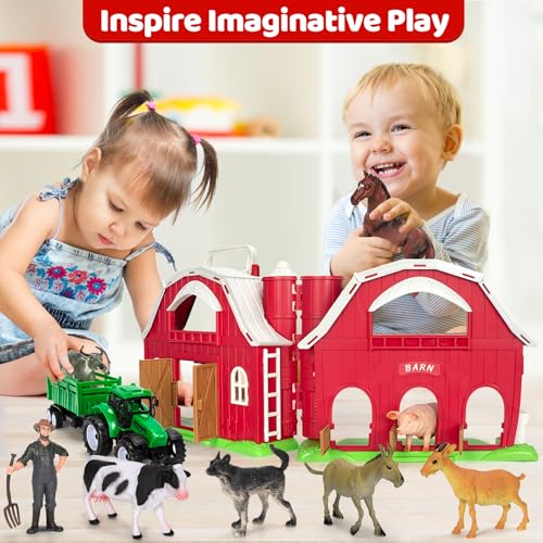 Farm Animals Toys for 1 2 3 4 5 Year Old Toddlers Girls Boys, Big Red Barn Farm Playset with Figures Animals and Tractor Toy for Kids 1-3, Educational Learning Toys, Christmas Birthday Easter Gifts