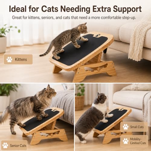 Wooden Litter Box Ramp, 4-Position Adjustable Cat Step for Automatic | and High-Entry Litter Boxes, Stable Elevated Pet Step for Senior Cats, Kittens and Small Cats