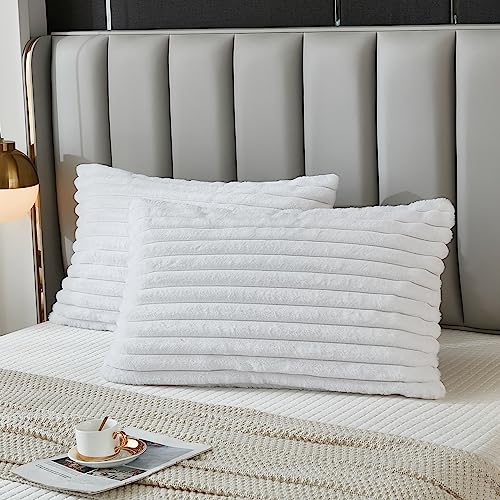 Bed Pillowcase Queen Set of 2 Striped Faux Rabbit Fur and Velvet Back Rectangle Lumbar Pillow Covers Shams Modern Home Decorative (White, 20 x 30 Inch) - color: White, size: 30" x 20" (Pack of 2)
