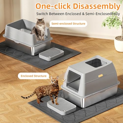 Stainless Steel Litter Box with Lid,Front Entry Top Exit Kitty LitterBox,Extra Large Enclosed Metal Cat Box with Litter Scoop & Litter Mat-Light Gray - color: Light Gray