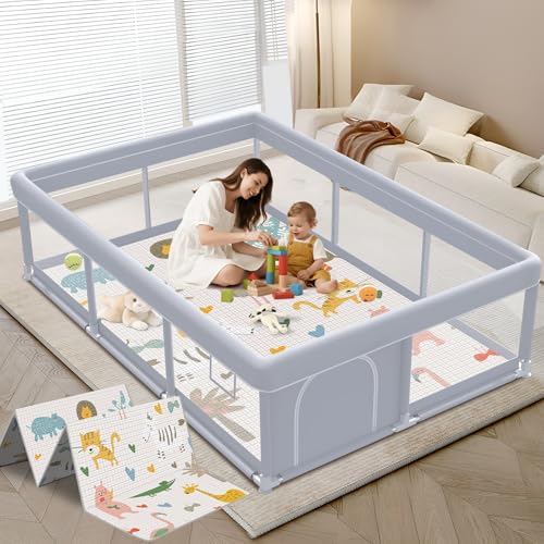 XVISHX Baby Playpen with Mat, 74 x 50 Inch Playpen for Babies and Toddlers, Baby Playard for Indoor & Outdoor Active Center Game Fence, with Skin-Friendly Fabric and Soft Breathable Mesh, Grey - color: Grey, size: 74 × 50 Inch + Mat