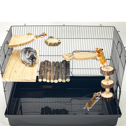 Space Expanding Natural Wood Hamster Platform Set, DIY Small Animal Playground Accessories for Hamster Cage, Climbing & Resting Toys with Adjustable Screws for Hamsters, Chinchillas, Gerbils