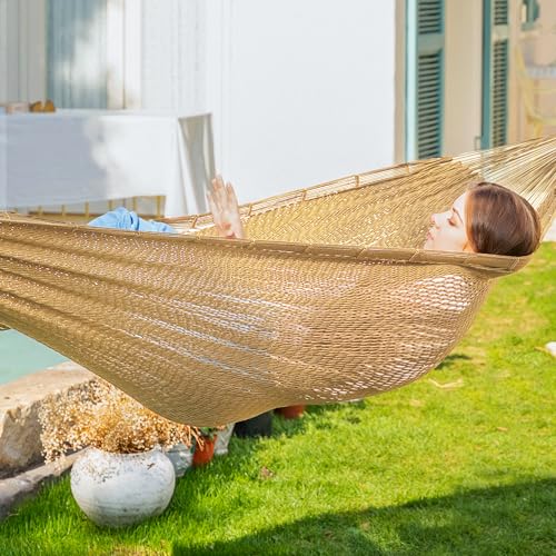 Family Handwoven Rope Mayan Hammock, 600 lbs Capacity, Extra Large | 2 Person, Portable Carrying Bag, Easy-Used Tree Straps, Carabiners, Soft Fabric, Patio (Tan, XX-Large) - color: Tan, size: XX-Large