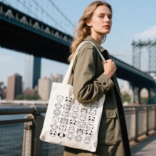 ANATTASOUL Canvas Tote Bag Reusable Cotton Bag for Women, Large 14.96"x 15.74" Cloth Shoulder Bags with Zipper Pockets - style: Animal Portraits