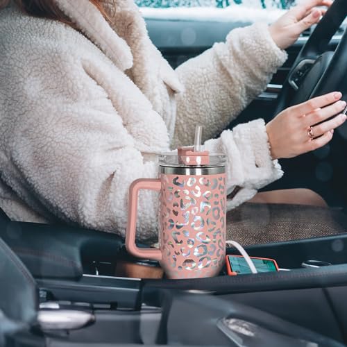 40 oz Tumbler with Handle and Straw, 100% Leak-Proof Travel Mug, Stainless Steel Double Wall Vacuum Insulated Coffee Cup Keeps Cold For 34 Hours, Dishwasher Safe, Canyon Clay Leopard - color: Canyon Clay Leopard