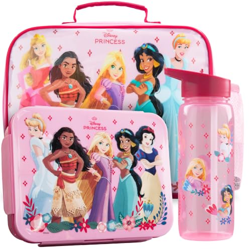 Get Trend Disney Princess Girls Lunch Bag, Bento Box & Water Bottle Set | Insulated Lunch Bag, 3 Compartment Lightweight Snack Box, 22 fl oz BPA-Free Water Bottle with Straw, School, Gifts for Girls - color: Pink/Multi Princess