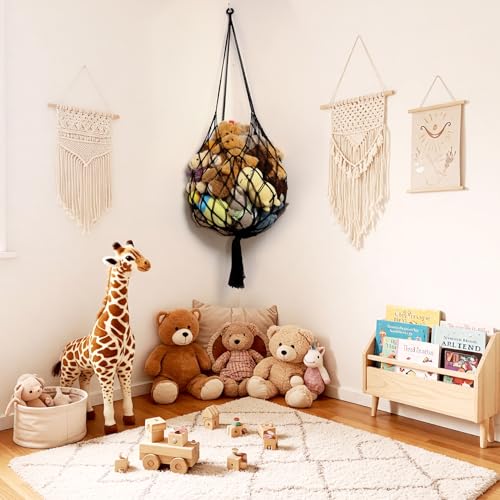 Amdermi Stuffed Animal Storage Hammock Corner Hanging Net Stuffy Animal Hammock Macrame Toy Display Plush Toy Holder for Kid Bedroom Decor Boho Nursery Playroom Organizer (Black) - color: Black