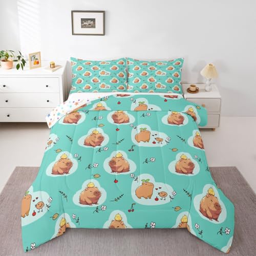 Erosebridal Capybara Floral King Duvet Insert, Kids Cartoon Comforter Set, Girls Kawaii Rodent Animals Bedding Set, Gifts for Capybara Lovers, Cute Flower Branches Duvet Sets, Teal - color: Multi 10, size: King