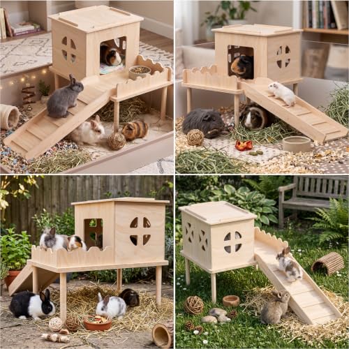 Guinea Pig Hideout, Guinea Pig House & Castle with Ramp, Platform | Multi Level Fun, Pet Friendly Wooden Board, Easy‑Climb Ramp, Well‑Ventilated Resting House, Available for Multiple Species - size: Style 2: 11.8 x 11 inches