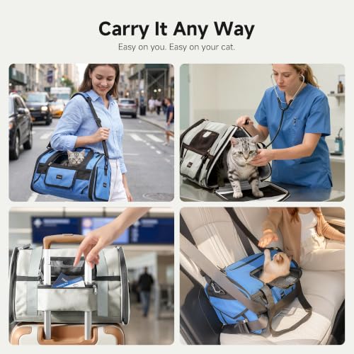 Soft-Sided Travel Cat Carrier with Safety Buckles, Lockable Zippers & Safety Tether, Escape-Proof Collapsible Pet Carrier for Car Rides & Vet Visits, Airline Approved Underseat, Up to 12lbs - color: Grey