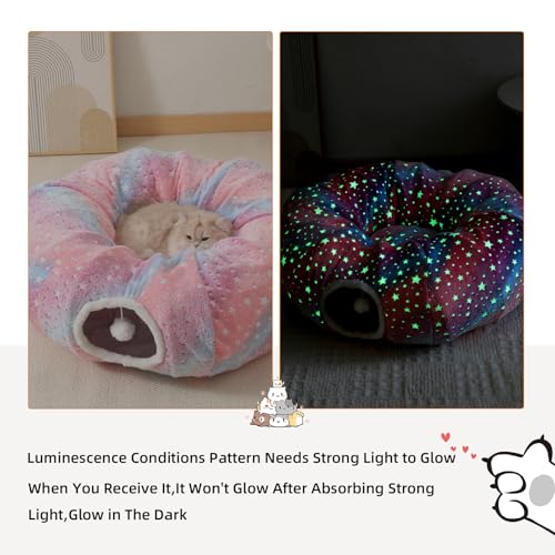 Under Christmas Tree Large Cat Tunnels Bed Tube for Indoor Cats Glows in The Dark Cat Tunnel with Cushion and Plush Ball Toy Longer Playground Toys for Dog Puppy Kitten Rabbit Pet Rainbow - color: Rainbow Bed
