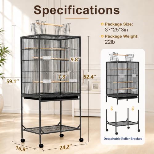 59-inch Open Top Bird Cage, Wrought Iron Bird Flight Cage with Rolling Stand, Slide-Out Tray for Parrot, Parakeets, Lovebird, Finch, Pigeon (Black)