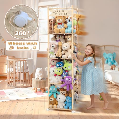 OurWarm Stuffed Animal Storage & Organizer, 68.5 Inch Large Wooden Zoo Stuffed Animal Holder with Wheels, Kids Toy Storage Organizer for Nursery Storage, Toddler Rooms, Playrooms, Bedroom Organization