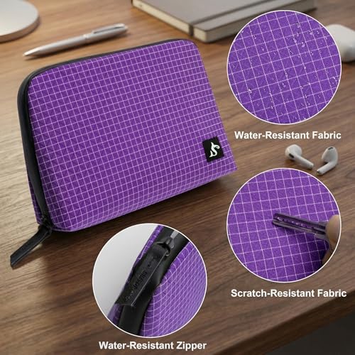 simtoper Electronic Organizer Travel Case – Waterproof Cable Bag for Cord, Charger, Hard Disk, Power Bank – Small Tech Storage for Travel, Backpack, Business Trip, Airplane - color: Purple Plaid, size: Large