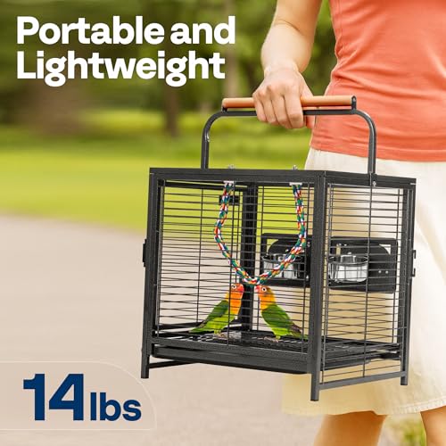 VIVOHOME 19 Inch Wrought Iron Travel Bird Cage for Cockatiel Parakeets | Bird Travel Carrier Cage with Wooden Handle/Perch, Slide-out Tray for Small Parrots Conures Lovebirds Canaries Finches, Black - color: Black