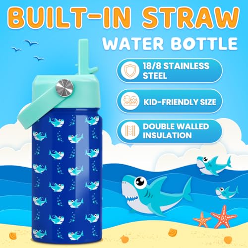 SANDJEST Shark Water Bottle - Kids Water Bottle with Straw Lid - 12 Oz Insulated Stainless Steel Water Bottles for Kid Boy- Travel Cup for School Sports - color: Shark 3