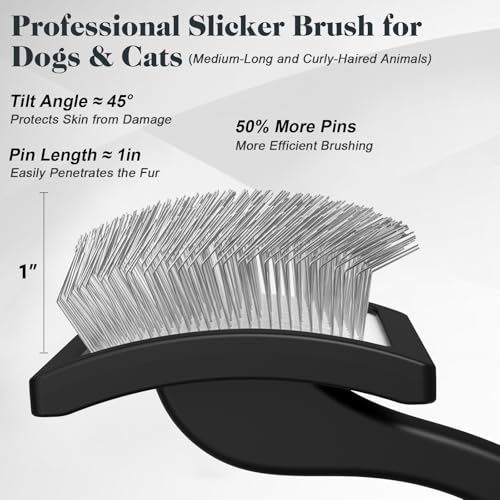 2PCS Slicker Brush for Dogs & Pet Comb,Professional Dog Grooming Brush (Goldendoodles,Poodles,Labradoodles) with Extra Long Pins to Effectively Remove Tangles, Knots and Mats (Black, Large) - color: Black, size: Large