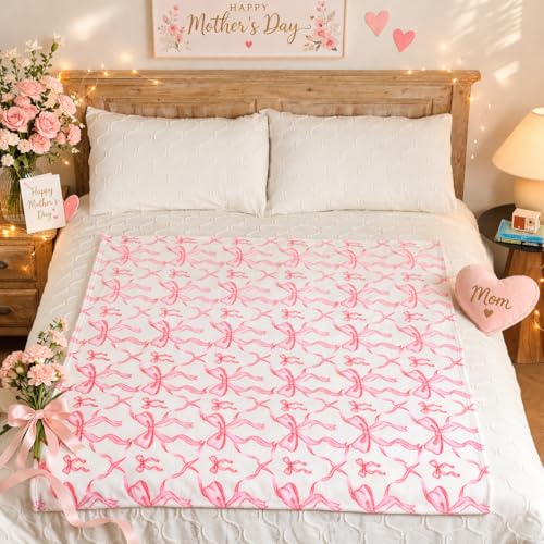 Pink Bow Throw Blanket –Spring Mother's Day Soft Fleece Blanket for Girls and Women, Coquette Aesthetic Room Decor for Bed, Couch, Chair, Preppy Bedroom or Gift, Cute Pink Bow Decor Blanket - color: Bow Pink, size: throw(50x60)