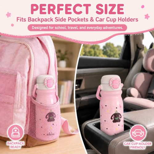 Mininoo 18oz Insulated Stainless Steel Kids Water Bottle for School, Bunny | 2-in-1 Straw & Spout Lid, Leak-Proof, BPA-Free, for Girls & Boys, Pink - color: 18oz Light Pink-Bunny
