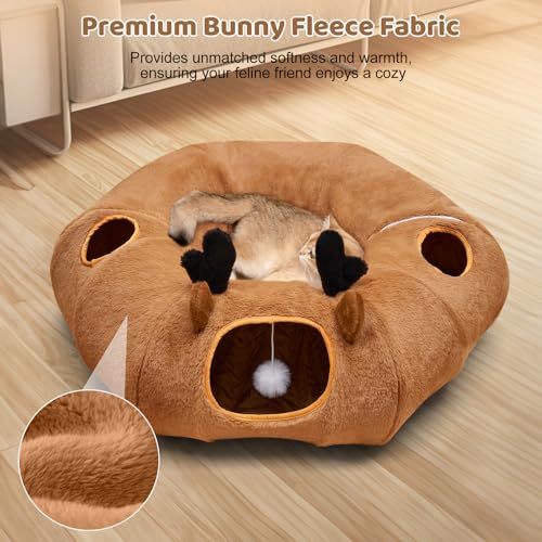 Cat Tunnel Bed with 20 Pcs Interactive Toys, 3-in-1 DIY Collapsible Plush Cat Tube with Washable Mat, Large Indoor Play Tunnel Cave for Kittens and Small Animals - color: Brown