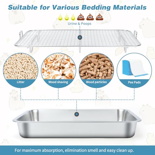 FHTONGE Large Stainless Steel Rabbit Litter Box with Large Sifting Grids | Odor Control, Easily Clean, Low Entry, Metal Bunny Litter Pan, Pet Toilet Train Tray for Small Animl Guinea Pig Ferret Rodent - size: 19.5x13.6x2.8"(50x35x7cm)