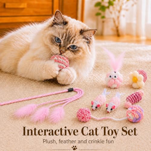 12-Pcs Interactive Cat Toys, Feather Wand, Springs & Catnip Balls | Curated variety pack, diverse mice, crinkle textures, healthy teething chew relief, indoor kitten boredom enrichment