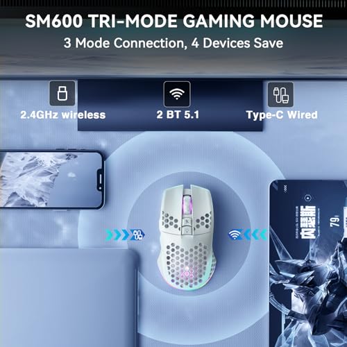 SOLAKAKA SM600 White Wireless Gaming Mouse,Tri-Modes BT5.1/Type-C Wired/2.4G Wireless Mouse with 2 Side Buttons, Programmable Macro Gamer Mouse with RGB Light for Laptop/PC/Mac - color: white