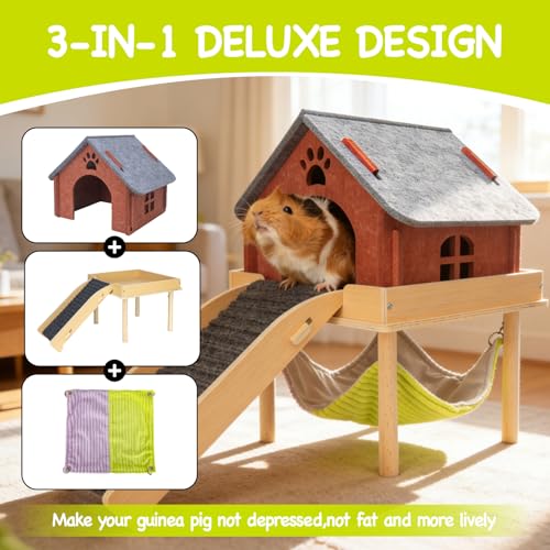 BESNEW 3 in 1 Enlarged Guinea Pig Hammock,Wooden Guinea Pig Hideout with House & Platform & Stairs Small Animal Toys for Hiding Sleeping Activities - color: Gray Roof