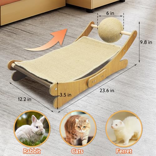 Fhiny Rabbit Scratch Toy, Natural Sisal Bunny Scratching Ball with Sisal Pad Scratcher Bed Hammock Bunny Claw Interactive Toys Mini Beach Chair Nail Scratching Post Mat Lounge for Indoor Kitten Ferret