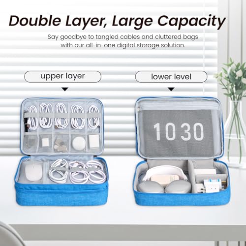 Electronic Organizer Travel Case, Double Layer Cable Organizer Bag | Double-layer design with adjustable dividers, mesh pockets and elastic loops for chargers, cables, power banks and gadgets - color: sky blue