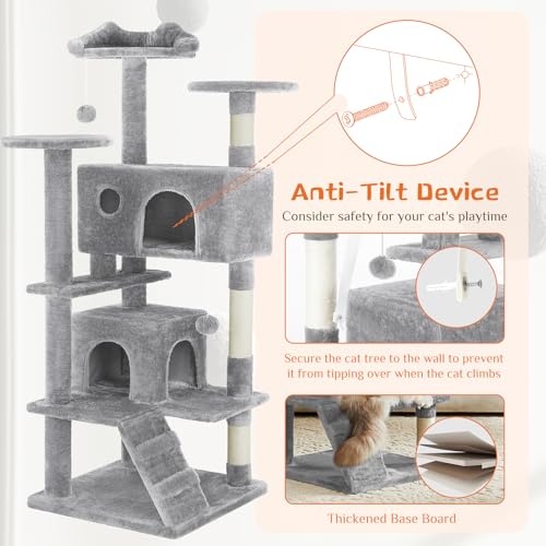 Sweetcrispy 54-Inch Cat Tree Tower – Multi-Level with Sisal Scratching Post, Perfect Pet Gift, Indoor Condo with Climbing Ladder, Plush Toy, and More Animal Stuff, Light Grey | Multi-Level with Indoor Cat Condo with Climbing Ladder, Plush Toy, Play House