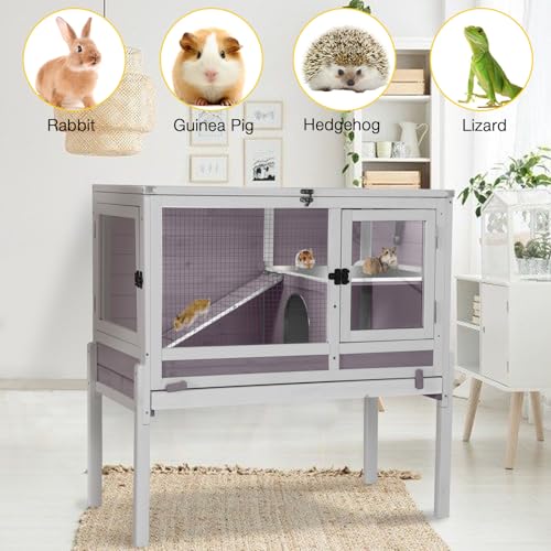 Wooden Guinea Pig Cages Indoor,Two-Story Wooden Rabbit Cage Hutch with Removable Stand and Pull Out Tray, Small Animals Cage Habitat with Ramp and Plastic Mesh(Grey&Purple) - color: Grey&Purple