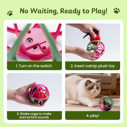 Cat Toys for Indoor Cats - Interactive Ball Cage Cat Toy with Realistic Bird Sounds & 2 Catnip Plush Toys, Motion-Activated Hunting Simulation Toy for Cats - color: Red