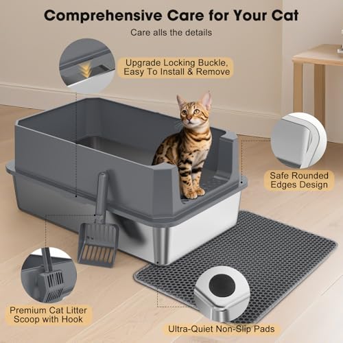FURTIME Stainless Steel Cat Litter Box, Extra Large Cats Metal Litter Box | High-Sided Open-Top Easy-Clean Litter Pan, Non-Stick, Anti-Leakage, Odor-Free, Comes with Scoop & Mat, 23"×15"×10.5" - color: Grey, size: Large
