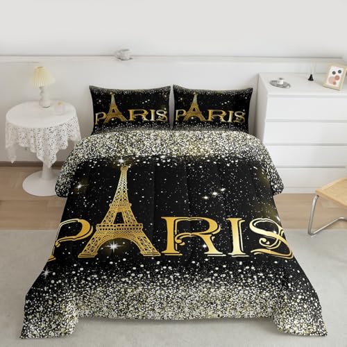 Erosebridal 2 Pcs Eiffel Tower Comforter Set,City Building of Paris Quilted Comforter Twin Size,Gold Yellow Ombre Glitter Bedding Set with 1 Pillow Case - color: Multi 30, size: Twin