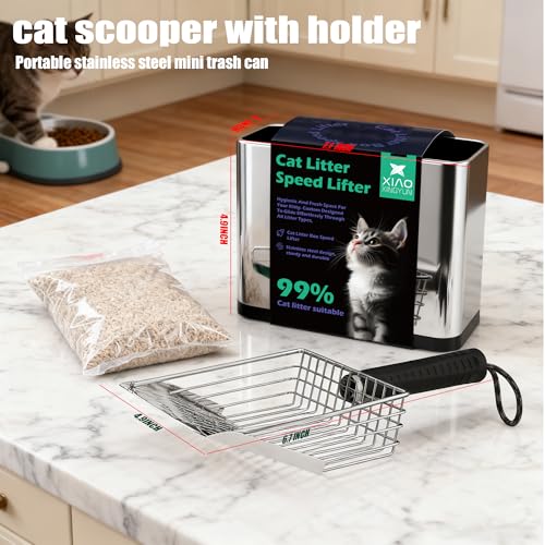 XIAOXINGYUN Stainless Steel Cat Litter Scoop, Metal Cat Litter Scooper with Holder, Heavy-Duty Cat Scooper with Coarse and Fine Grids for Quick Screening and Easy Cleaning
