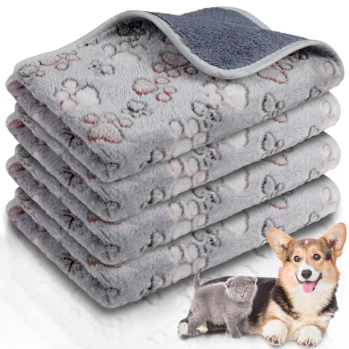 Panelee 4 Pcs 24 x 16 Inch Waterproof Dog Puppy Pads Soft Cat Blankets Dog Sleep Mat Absorbent Pet Blanket Paw Pattern Whelping Warm Pads Fleece Puppy Potty Training Pad Reusable(Gray) - color: Gray
