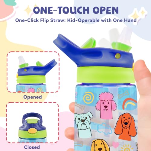 Kids Plastic Water Bottle - Cartoon Dogs Water Bottle for Kids, 14oz Plastic Water Bottles with Straw Lid, Leakproof BPA-Free Dogs Water Bottles for Home Sports Travel, Pop-Up Straw Cover, Blue - color: Dog