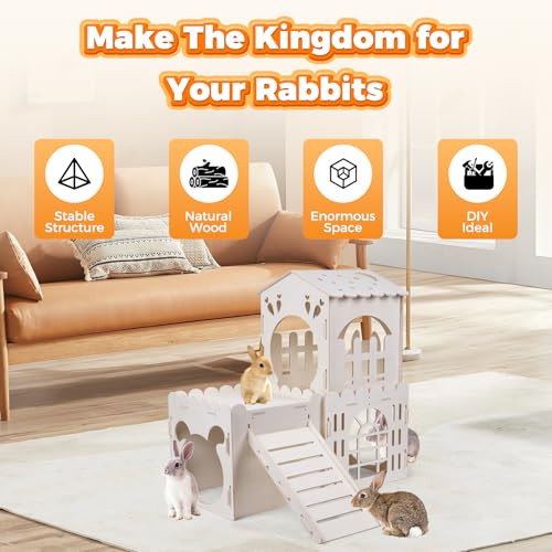 Large Rabbit House with 2PCS Rabbit Scratch Mat, Wooden Bunny Castle with 3 Houses Indoor, Guinea Pig Cage Multistory Climbing Tower Sturdy Wooden Castle, Small Animal Hideaway Tunnel - size: 3 Houses with Pad
