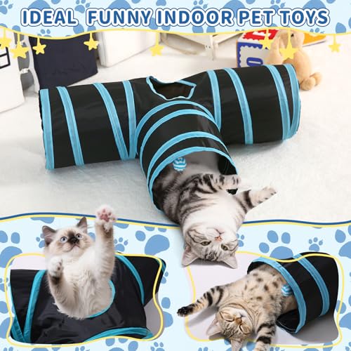 Pet Cat Tunnel, T-3 Way Tunnels for Indoor Cats, Collapsible Pet Tunnel for Kitten, Puppy, Rabbit, 25cm-Wide Tunnels, Durable & Breathable, with Peek Hole Toy Ball - color: T-Junction Tunnel & Black/Blue