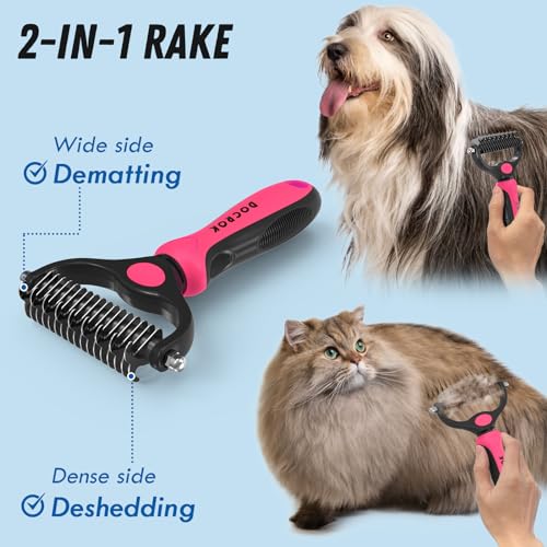 Docrok Pet Grooming Brush and Metal Comb Combo for Dogs & Cats, Pink | Dematting Deshedding Undercoat Rake, Cat Brush Dog Brush Shedding Tool for Long Matted Haired Pets - color: Pink