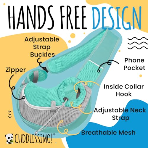 Cuddlissimo Small Dog Sling Carrier, Pet Cat Sling, Puppy Pouch - Lagoon-S | Teacup & toy breeds under 6 lbs, Yorkie, Chihuahua, kitten, wearable purse-style shoulder bag, hands-free chest carrying - color: Blue Lagoon
