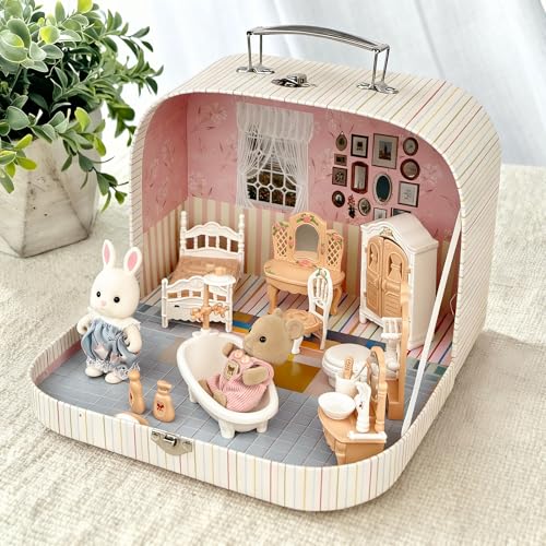 TUZT Suitcase Dollhouse Furniture Set for Kids, Mini Dollhouse Box with 2 Flexible Dolls and Bedroom&Bathroom Furnitures, Pretend Play Accessories Christmas Birthday Gift for Toddlers Ages 3+ - style: Bathroom