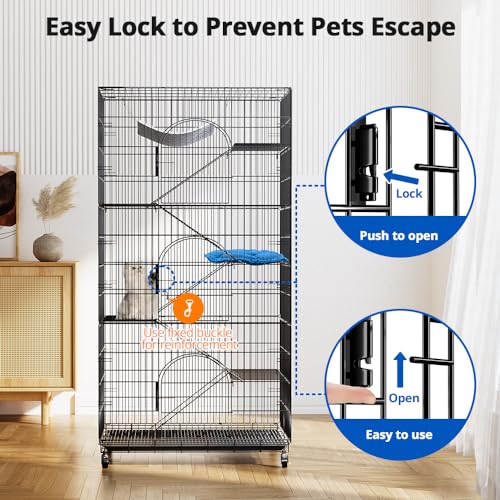 Large Cat Cage, 72 Inch 6-Tier Cat Playpen with Wheels Indoor Outdoor | 36x22x72” multi-level Enclosure, 3 Doors, Removable Tray, Rolling Wheels, Hammock, Cat Playpen for Kitten & Small Animals - size: 36.0"L x 22.0"W x 72.0"H