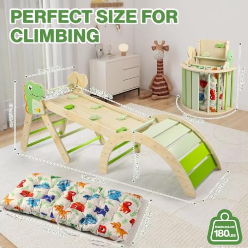 Pikler Triangle Set with Cushion, 7 in 1 Toddler Climbing Toys Indoor | Foldable Space-saving Design, Montessori-inspired Learning, Reversible Slide & Ramp, ASTM F963 Standards for Toddlers 18M-5Y - color: Dinosaur