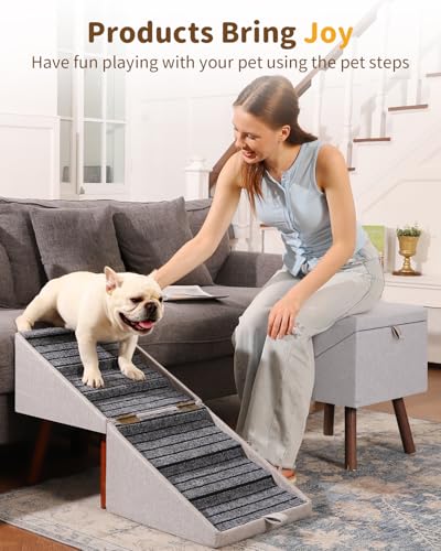 2-in-1 Foldable Ottoman Dog Ramp for Couch(6-Steps) | Convertible Folding Dog Stairs for Couch and Bed,Non-Slip Wooden Pet Stairs for Puppy Senior Injured Dogs - size: 6-STEPS