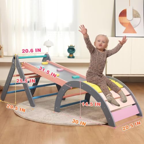 Pikler Triangle Set with Cushion, 7 in 1 Toddler Climbing Toys Indoor | Foldable Space-saving Design, Montessori-inspired Learning, Reversible Slide & Ramp, ASTM F963 Standards for Toddlers 18M-5Y - color: Rainbow With Blue
