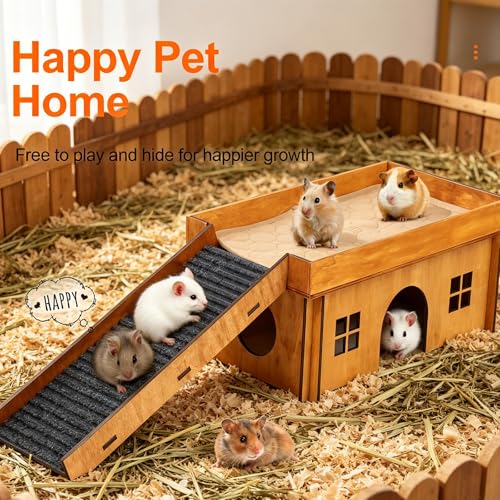 Large Sturdy Bunny House, Guinea Pig Rabbit Hideout Castle | Small Animal House Bed Hut Habitats with Stairs, Sturdy Wooden Guinea Pig Hideout for Hamsters Bunny Chinchillas Hiding - color: Brown
