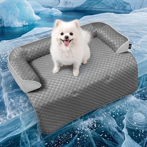 Calming Large Dog Couch Bed, Waterproof Memory Foam with Durable Fluffy Fuzzy Mats, Washable Removable Cover Protector for Sofa, Bedside, Gift, Cooling Grey, Medium - color: Cooling Grey, size: 35"L x 31"W x 4.5"Th