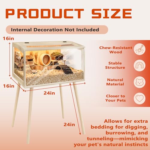 PROLEE Hamster Cage Wooden Chew Proof, Extra Large Mice and Rat Habitat Openable Top with Acrylic Sheets Solid Built Small Animal Cage with Leg Stands, 24 Inch Long - size: 24.0"L x 16.0"W x 40.0"H